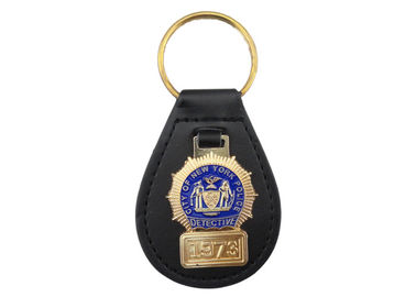 New York Police Custom Personalized Leather Keychain with Brass Soft Enamel Emblem, Gold Plated