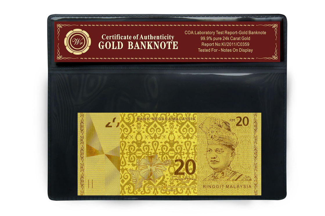 Malaysia 20 Ringgit Embossed in 24 Karat Pure Gold Banknote Plastic Holder Pack